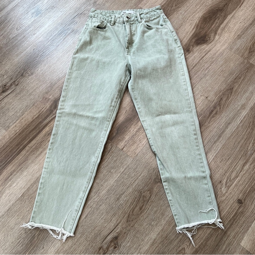 Zara Denim Collection Z1975 High-Waisted Straight Leg Jeans in Light Sage Green